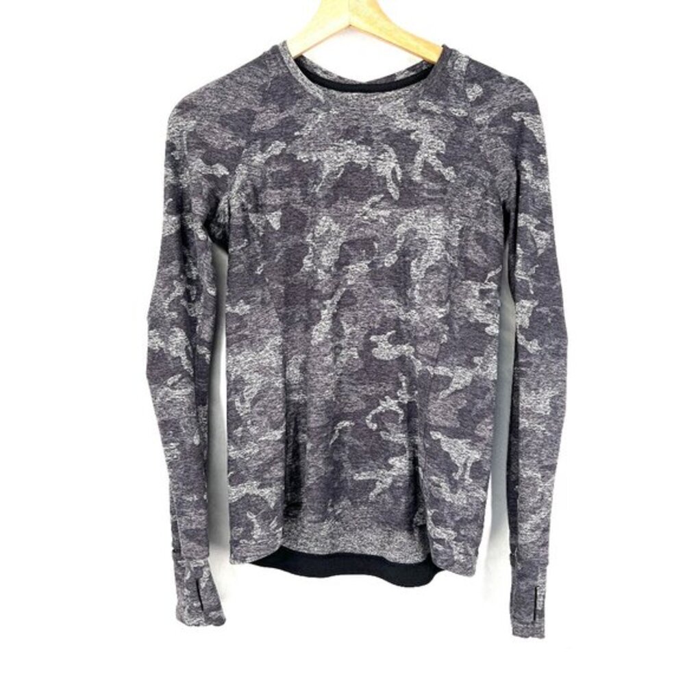 Lululemon Runderful Long Sleeve pullover top running shirt gray camouflage gym 8